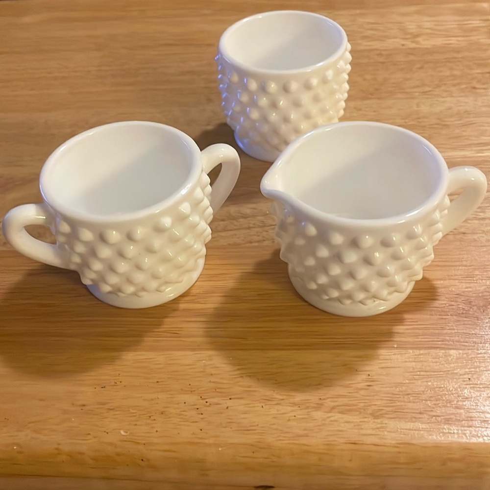 Vintage Fenton Hobnail Milk Glass set of 3 - Small Creamer, Sugar, Set